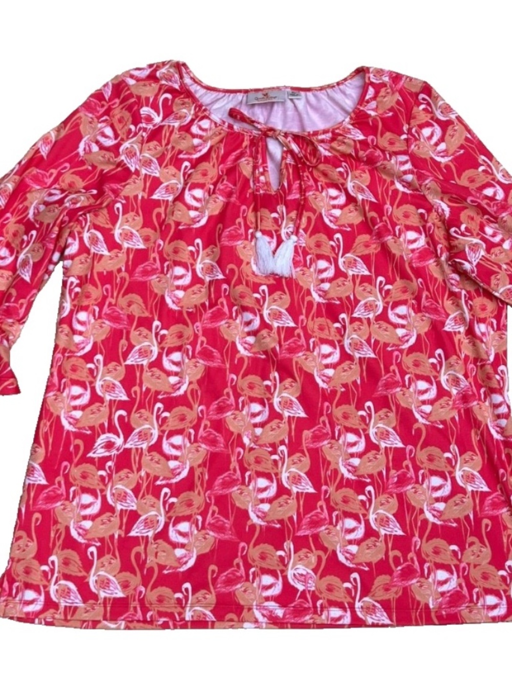 Quacker Factory Pink Flamingo Tunic Top Shirt With Tassels Size XL